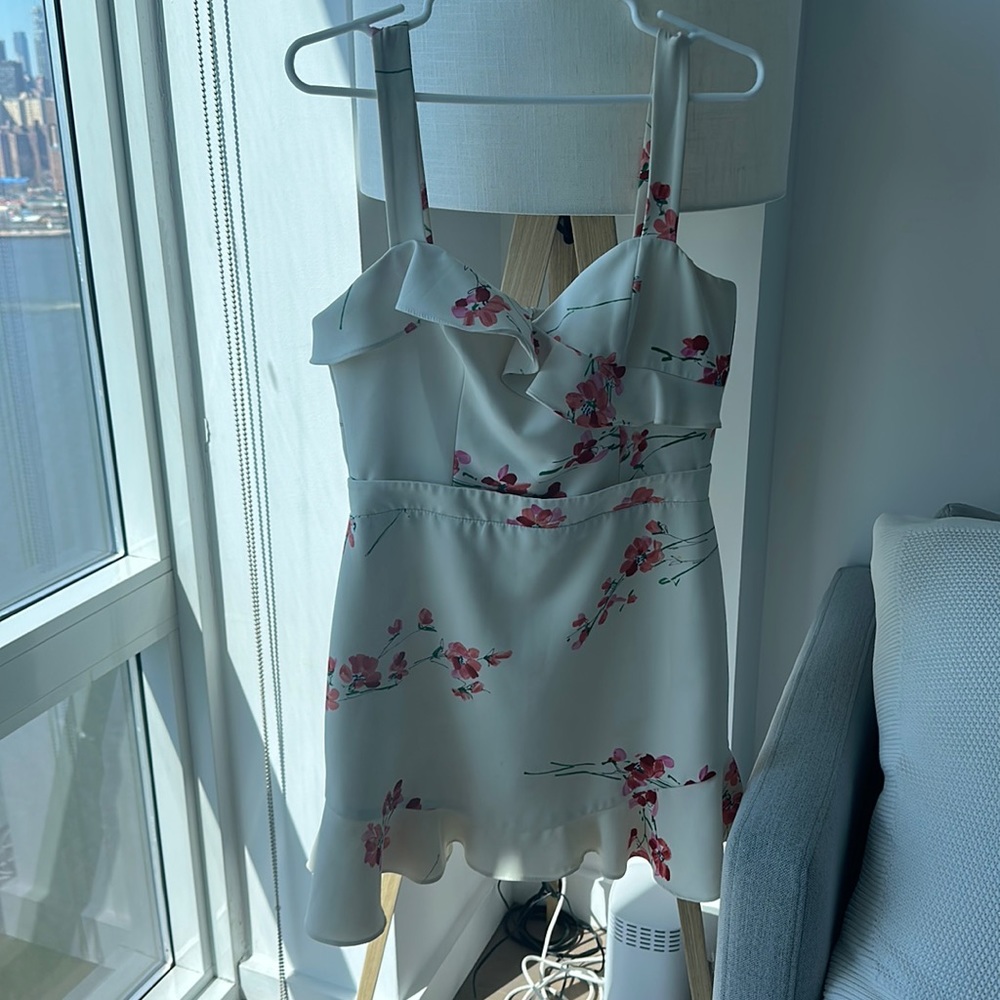 Black Halo White Floral Print Sweetheart Crossover Ruffle Dress